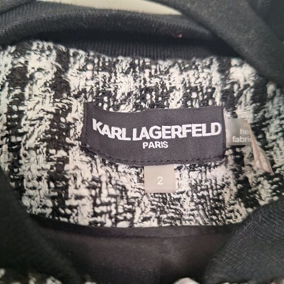 Karl Lagerfeld Paris women's tweed bomber jacket black /white size 2 - Picture 2 of 7